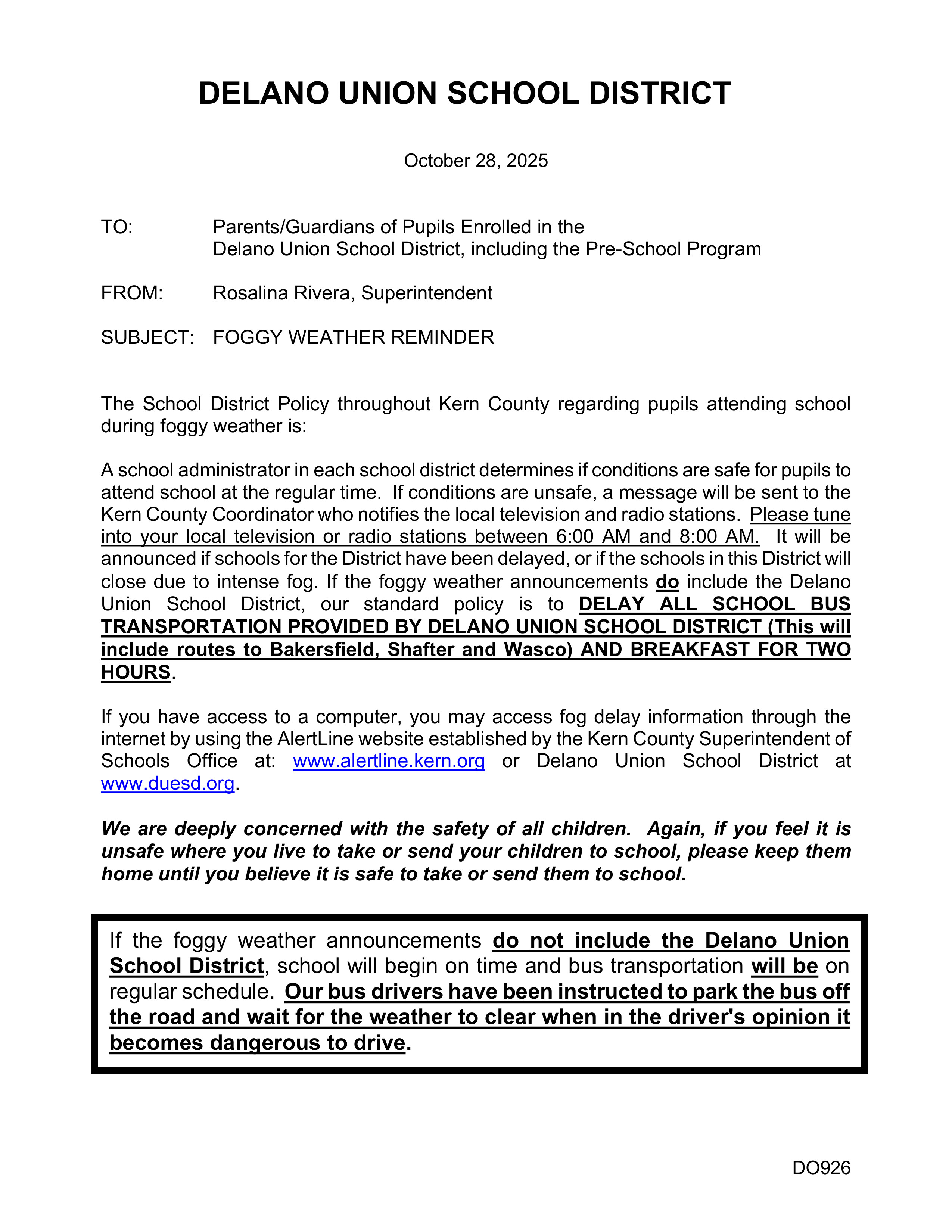 Foggy Weather Reminder Notice